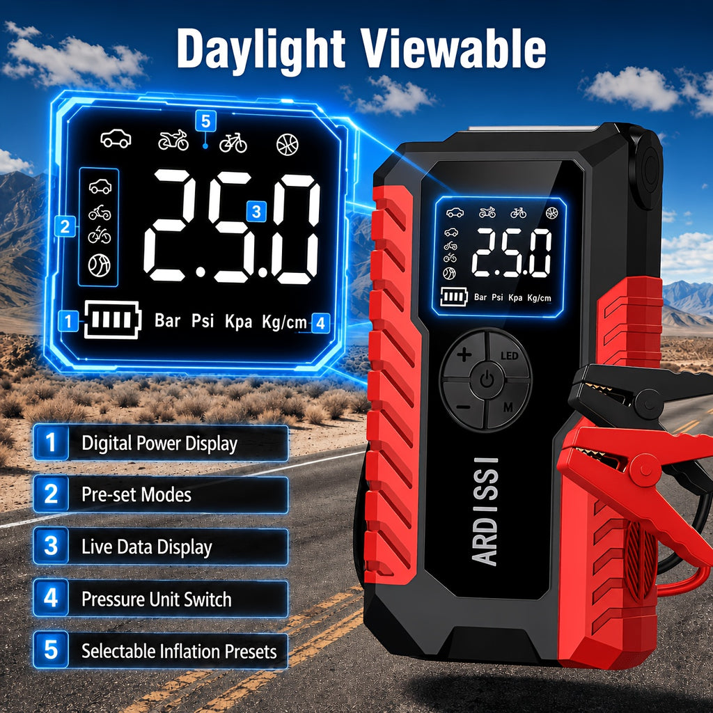 10000A 7-In-1 Multifunctional Emergency Jump Starter with 150PSI Air Pump, Digital Tire Inflator, Portable Car Battery Charger, Up to 2.64gal Gas/2.38gal Diesel, LED Emergency Light & USB Charging, Car Emergency Tool. Suitable As a Holiday Gift