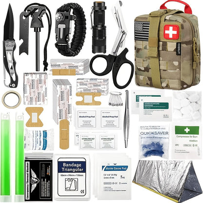 258-Piece Outdoor Survival Kit with Igniter Compass Multi-Tool Professional Camping Gear for Men Hiking Hunting Emergency Khaki Army Green Red Beige Camo