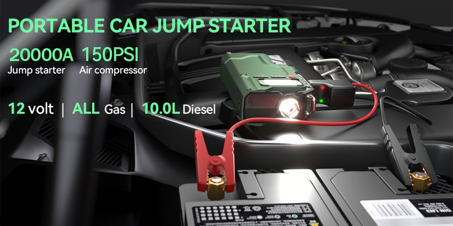 20000A Jump Starter with Air Compressor 150PSI Digital Tire Inflator – Portable Heavy-Duty Battery Pack Car Jumper Starter with USB-A & USB-C Charging for Gas & Diesel Engines (Enhanced Version)