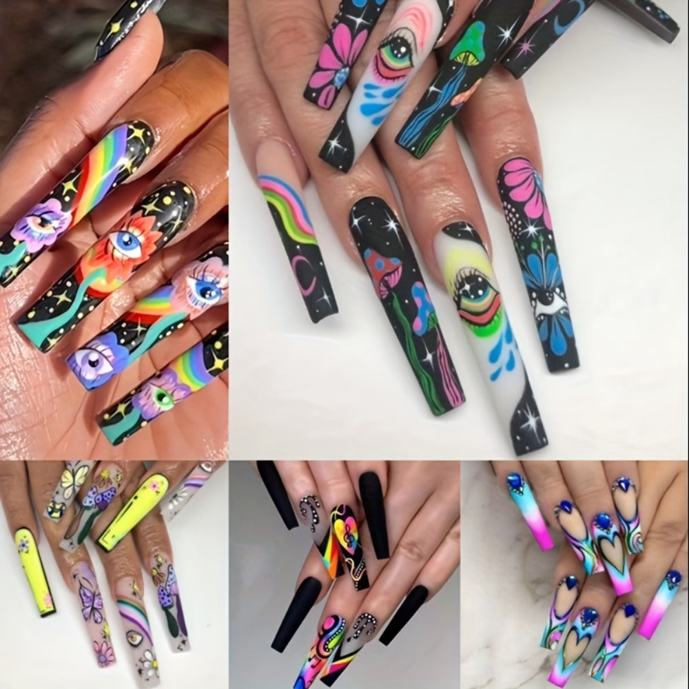 Press On Nails Set 120pcs 5 Boxes Extra Long Cosmic Eyes Crystal Rhinestones Matte Colorful Stripes Floral Glue-On Wearable Nail Art Variety Pack Festive Gift for Women Teens Party Holiday