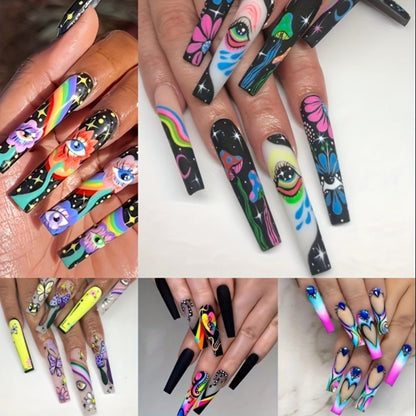 Press On Nails Set 120pcs 5 Boxes Extra Long Cosmic Eyes Crystal Rhinestones Matte Colorful Stripes Floral Glue-On Wearable Nail Art Variety Pack Festive Gift for Women Teens Party Holiday