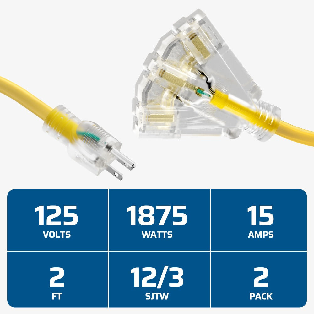 Heavy Duty Extension Cord Splitter Tri-Tap 2-Pack – 15A SJTW Contractor Grade, LED Lighted Plug, 2ft Yellow Jacket for Outdoor & Job Site Use