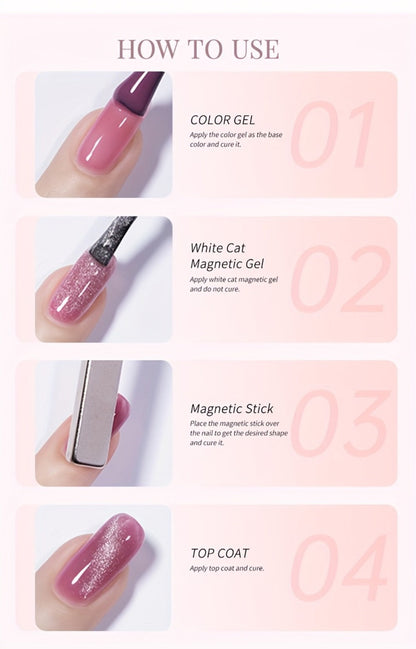 White Glitter Cat Eye Gel Polish Set 2pc Sparkling Magnetic with Stick Included | Soak Off UV LED 0.51oz Each Semi-Permanent 3D Nail Art | Salon & Home DIY Manicure Kit for Women Beginners