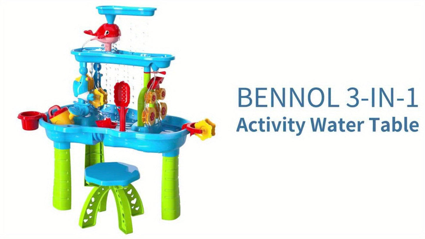 Sand and Water Table for Toddlers 3-Tier – Outdoor Sensory Play Set with Shovel Scoop & Strainer, BPA-Free Backyard Beach Summer Activity Toy for Boys & Girls Ages 2 3 4 5 6 (Blue)