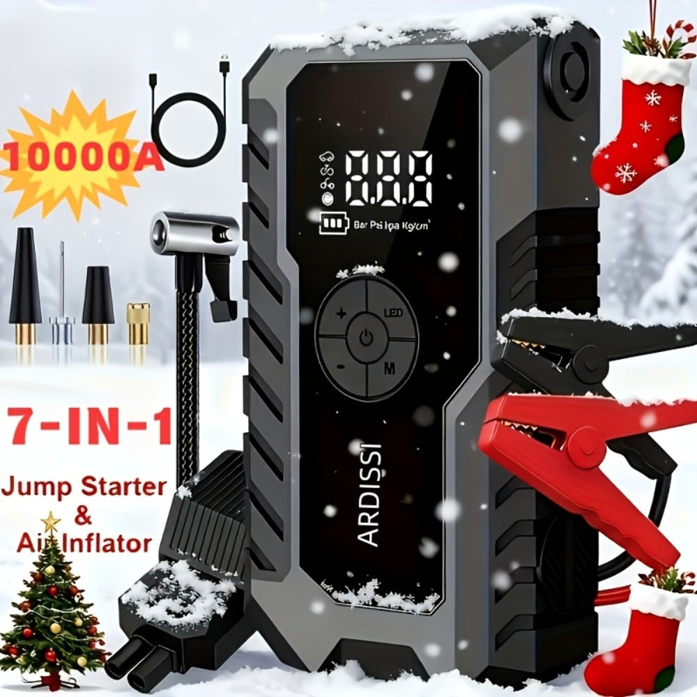 Car Jump Starter 10000A with 150PSI Tire Inflator – 7-in-1 Emergency Battery Booster Pack, 5000A Peak, 10000mAh Power Bank, LED Light, USB Charging, for 12V Vehicles up to 8.0L Gas & 7.0L Diesel