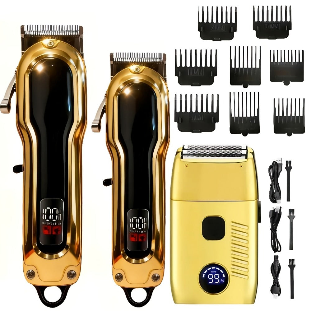 Electric Hair Clipper Set with Limit Comb — Barber-Grade Professional Trimmer, Long-Lasting Rechargeable Battery, Home & Travel Haircut Kit, Gift for Dad, Silver & Golden