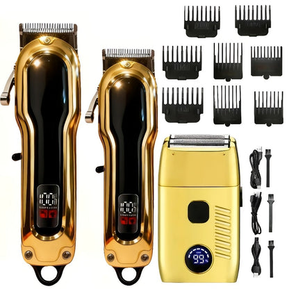 Electric Hair Clipper Set with Limit Comb — Barber-Grade Professional Trimmer, Long-Lasting Rechargeable Battery, Home & Travel Haircut Kit, Gift for Dad, Silver & Golden