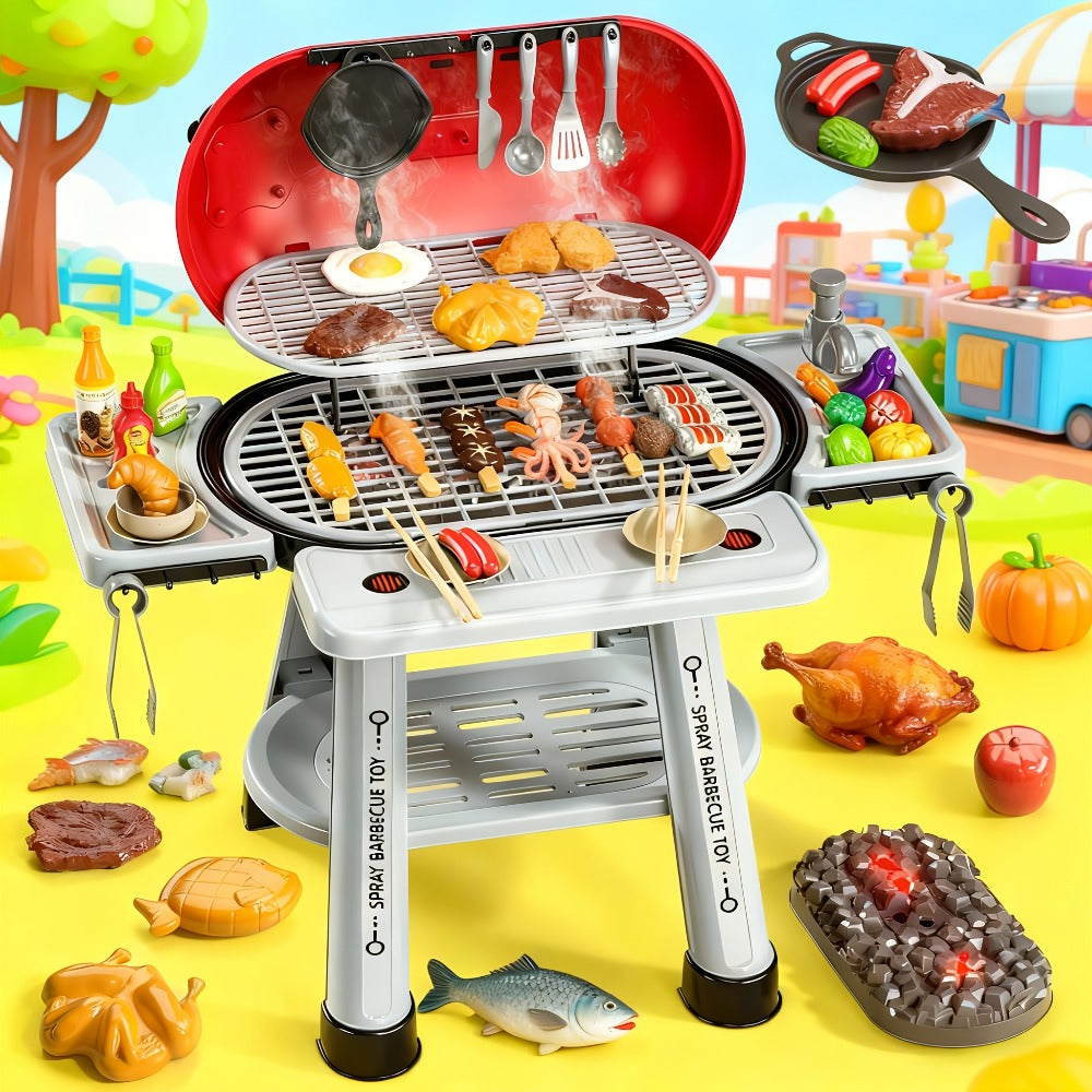 Kids BBQ Grill Playset Two-Tier with Toy Food Meats Fruits Spices & Working Water Tap – Pretend Play Outdoor Cooking Toy for Girls Boys Ages 3+ | Best Birthday Christmas Gift