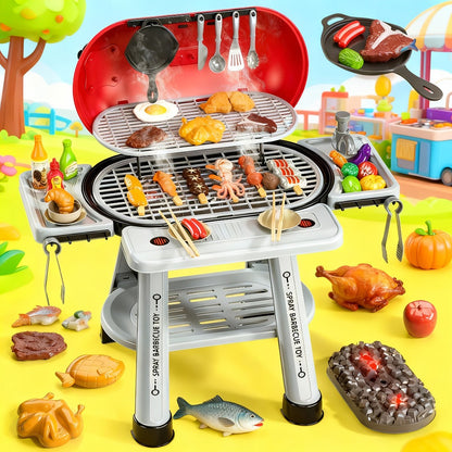 Kids BBQ Grill Playset Two-Tier with Toy Food Meats Fruits Spices & Working Water Tap – Pretend Play Outdoor Cooking Toy for Girls Boys Ages 3+ | Best Birthday Christmas Gift
