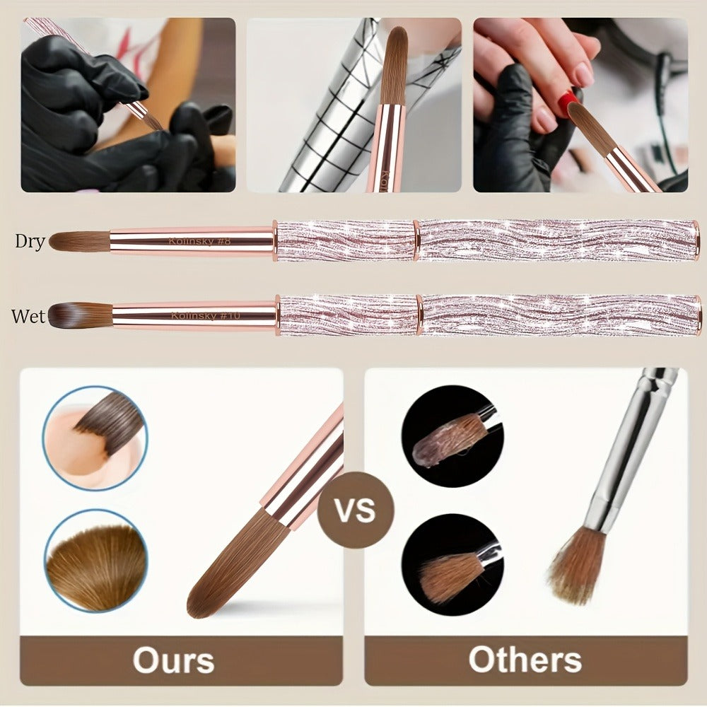 Kolinsky Nail Brush Pink Sparkling Metal Handle – Round Head Acrylic Nail Art Brush for Extensions & Manicure, Sizes #8 #10 #12 & 3-Piece Set, Genuine Kolinsky Hair Bristles for Salon & Home Professional Use