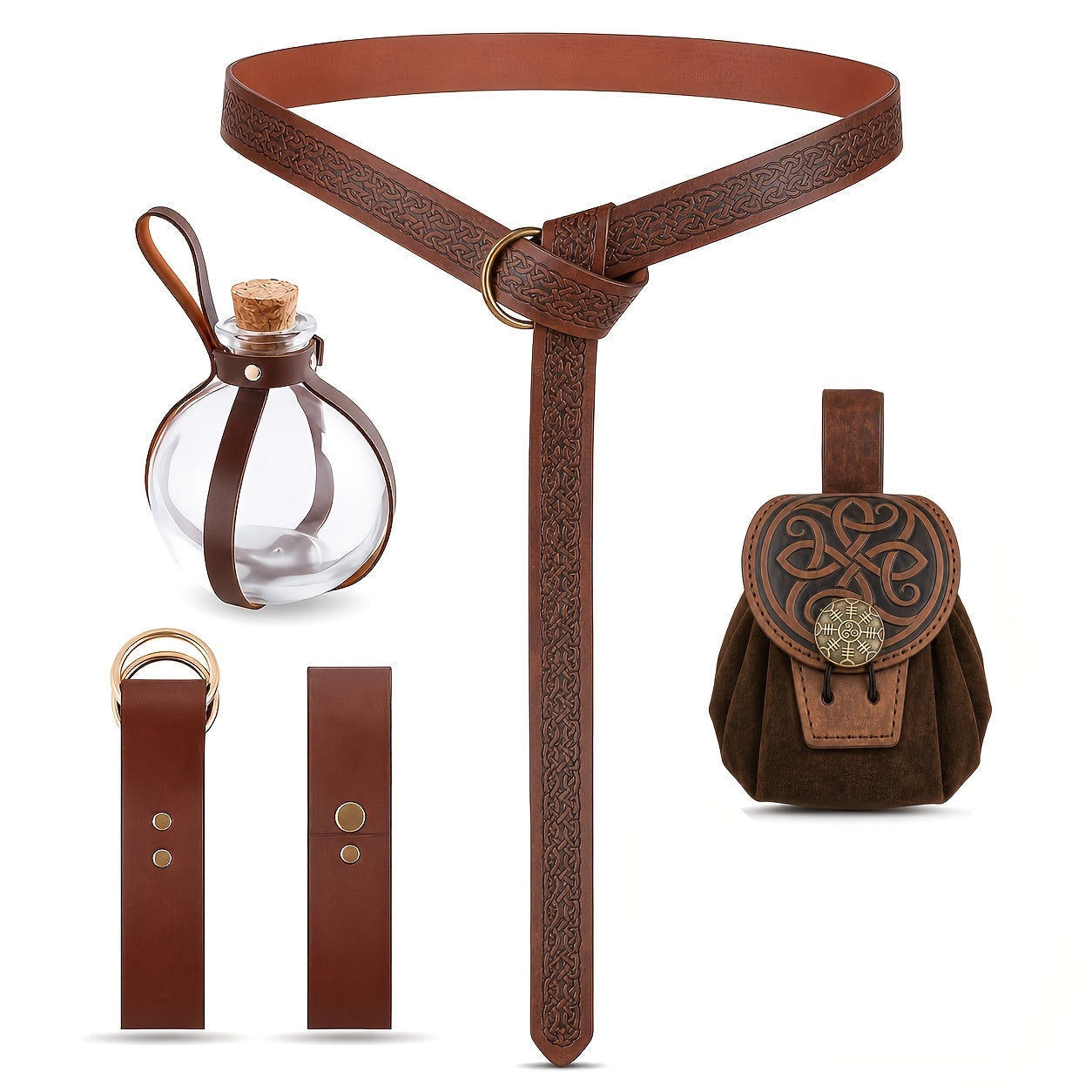 Medieval Belt Set 5pcs Viking Renaissance Faux Leather Harness with Potion Bottle Bag – LARP Halloween Cosplay Renaissance Fair Themed Party Role Play Costume Accessory, Black & Brown