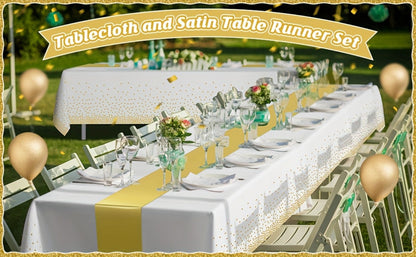 Disposable Tablecloth & Table Runner Set 10 Pack White Gold – Plastic Party Table Covers for Wedding Birthday Graduation Anniversary Baby Shower Bridal Shower Elegant Bulk Party Decorations