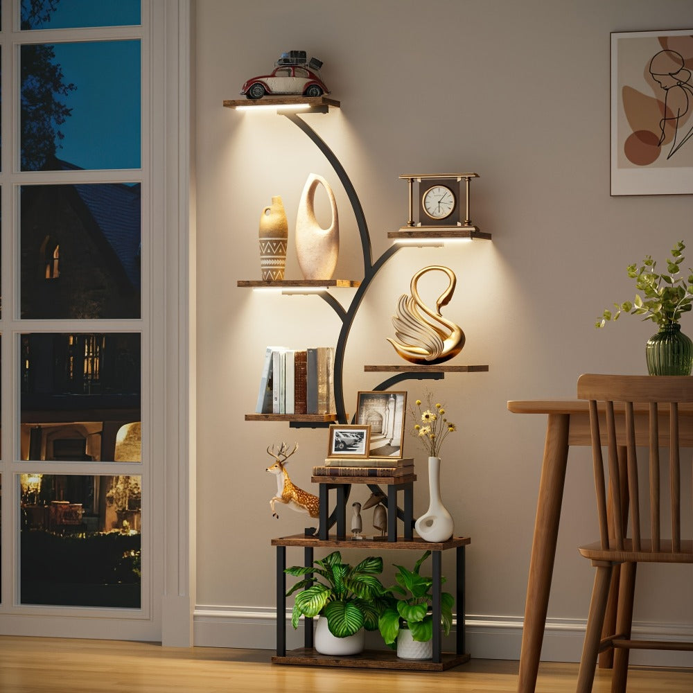 Display Shelf, LED Corner Display Stand Bookcase 8-Tier 62" Tree Shaped Plant Shelf Metal shown in the main product view