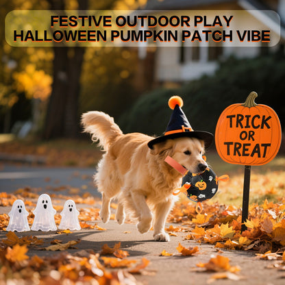 Halloween Dog Ball Toy with Pump - Football Shaped Chew Ball for Dogs, Pumpkin Ghost Design, Durable Rubber Fetch Toy for Small Medium Large Dogs, Festive Pet Gift with Strap, No Battery Required