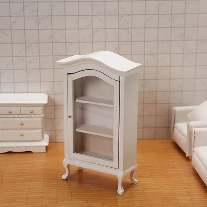 Miniature Display Cabinet with Mirror & 3 Glass Shelves White Wooden Mini Showcase – Dollhouse Decoration Photography Prop Wedding Scene Decor, Collectible Gift for Miniature Enthusiasts & Collectors