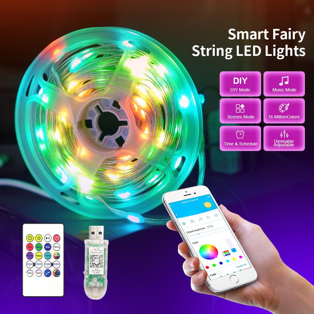 RGB Smart Fairy String Lights with App & Remote Control, Music Sync, IP65 Waterproof, USB Powered Multicolor LED String Lights for Bedroom, Outdoor, Christmas, Party, Wedding Decoration