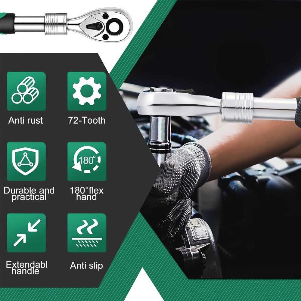 Ratchet Wrench Set 3-Piece - 1/4 3/8 1/2 Inch Drive Extendable Socket Wrench, 72-Tooth Quick-Release Reversible Gear, Soft Grip Handle, Torque Spanner for Automotive Repair, Mechanics & DIY