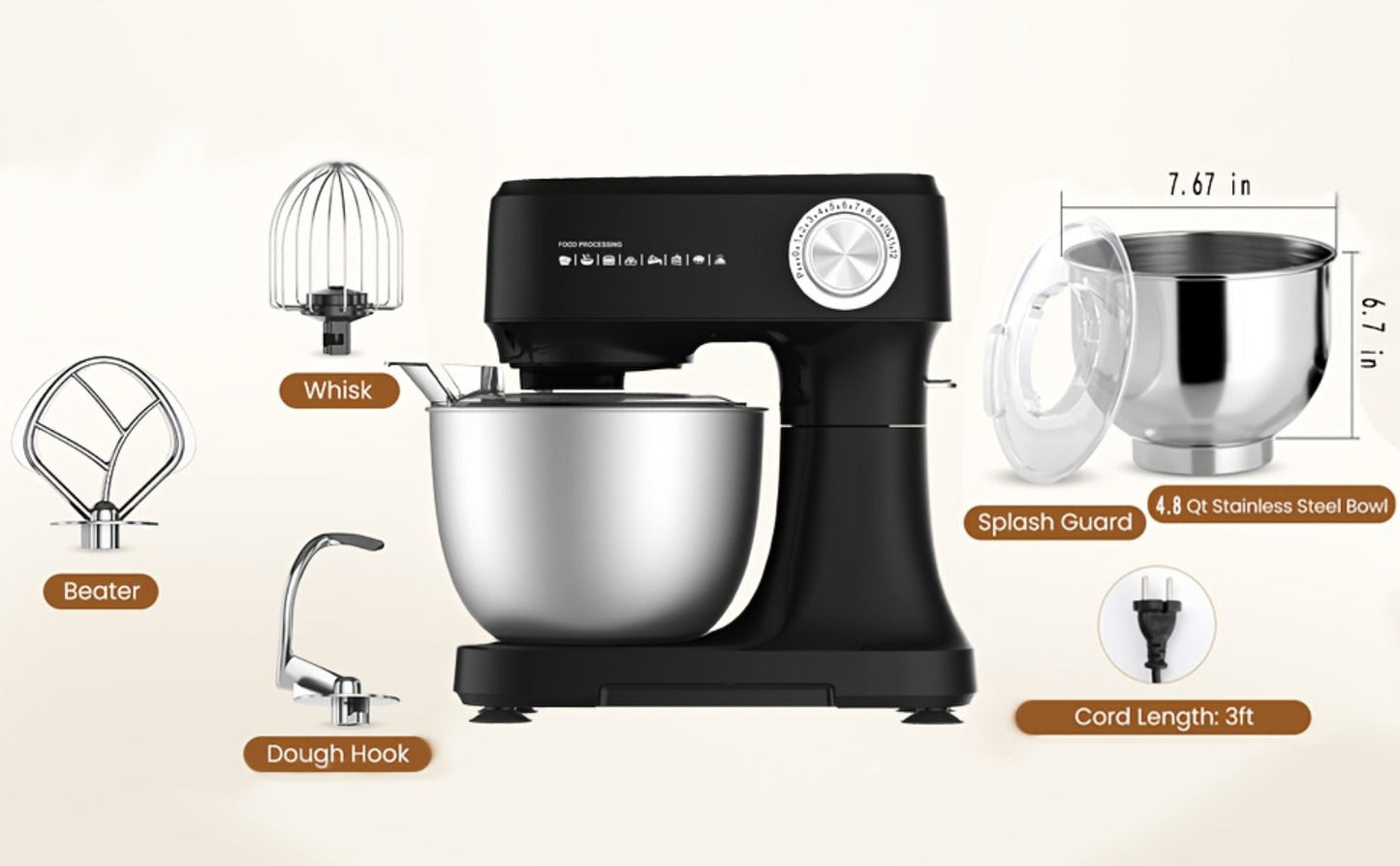Electric Food Mixer 4.8 Qt 12-Speed Portable Lightweight Stand Mixer for Daily Baking with Egg Whisk Dough Hook Flat Beater Kitchen Tilt-Head Mixer