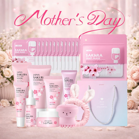 Sakura Skincare Set 10 Piece Japan Cherry Blossom Day & Night Complete Routine - Hyaluronic Acid Face Wash Serum Eye Cream Mud Mask Lip Moisturizer All Skin Types Women Gift