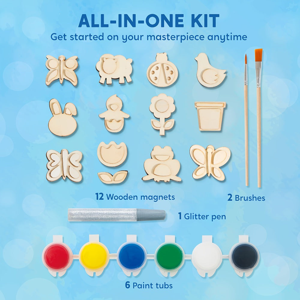 DIY Wooden Magnet Painting Kit for Kids – 12pcs Arts and Crafts Set with Paint Palette Brush Glitter Glue, Creative Activity Birthday Party Favor Gift Boys Girls Ages 3+