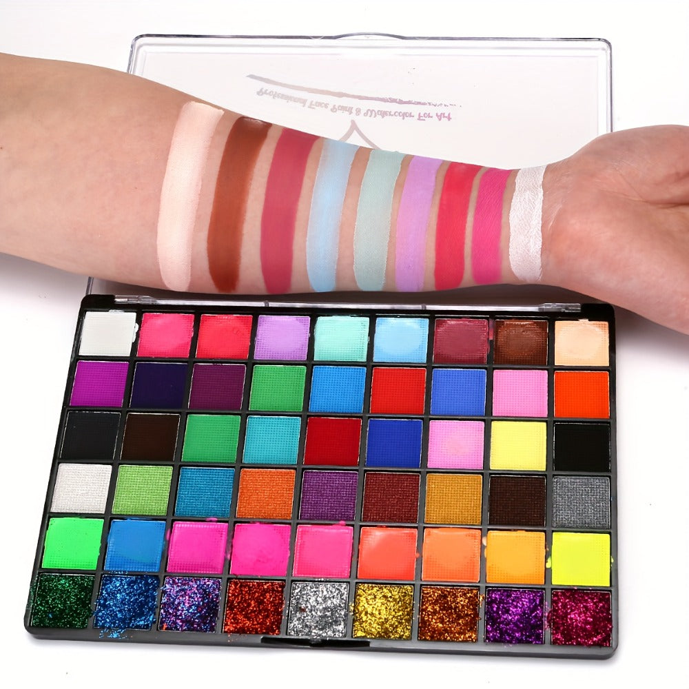 54 Color Face & Body Paint Kit with UV Fluorescent, Matte & Glitter Shades — Pattern Templates, Brushes & Tattoo Stickers for Sports, Cheerleading, Halloween, Festivals & Parties