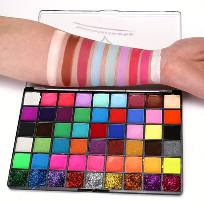 54 Color Face & Body Paint Kit with UV Fluorescent, Matte & Glitter Shades — Pattern Templates, Brushes & Tattoo Stickers for Sports, Cheerleading, Halloween, Festivals & Parties