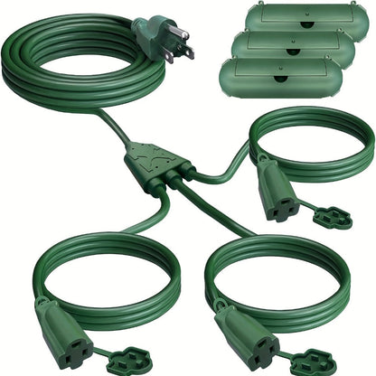 Extension Cord Splitter 1 to 3 Outlets 25FT 50FT 16/3 SJTW Pure Copper Core UV-Resistant PVC Jacket 3 Grounded Outlets for Holiday Decoration Christmas Lights Outdoor Indoor Patio Garden Black Green