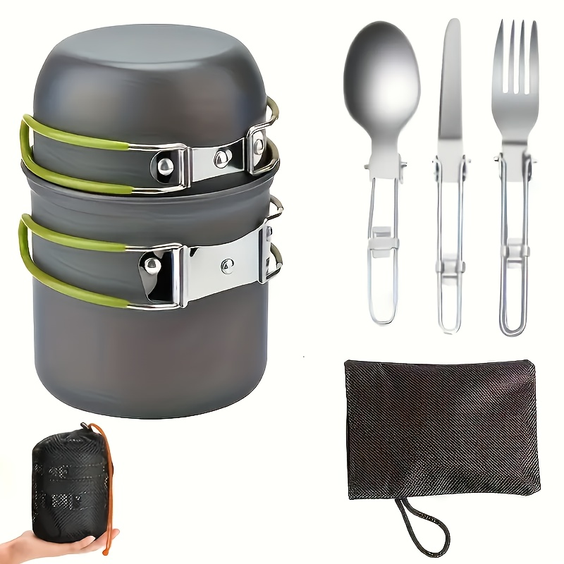 Portable Camping Cookware Set with Double Pot & Utensils - Lightweight Open Fire Cooking Kit with Forks Knives Spoons, Compact Space-Saving Iron Cookware for Outdoor Camping Picnic Travel Adventures