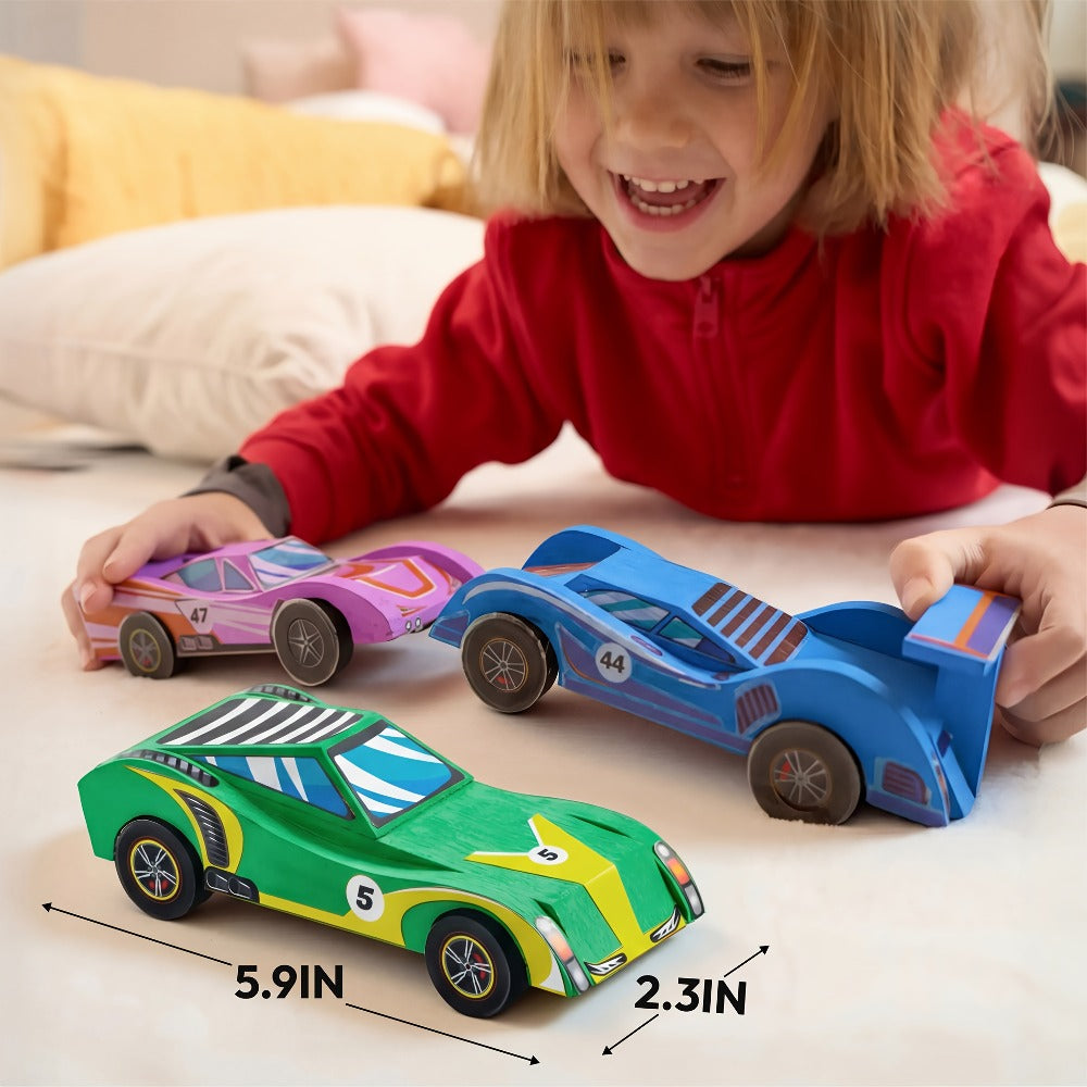 DIY Wooden Race Cars 4pcs Build & Paint Kit for Kids Ages 8+ – 44 Pre-Cut Pieces 12 Colors Racing Stickers, Paint Your Own Wood Craft Toy STEM Arts Crafts Birthday Gift for Boys Girls