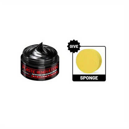 Car Plastic Restorer & Black Interior Trim Polish - Scratch Repair Paste, Anti-Aging Refurbishment Wax for Dashboard, Bumper, Tire Shine & Leather Seat Care, Works on All Car Interiors & Exteriors (30g + Sponge)