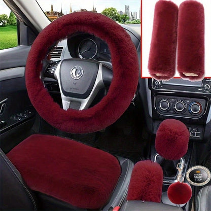 8pcs Set Combination Pink Goddess Plush Car Steering Wheel Cover Rex Rabbit Fur Fluffy Steering Wheel Cover, Purple Car Accesaories