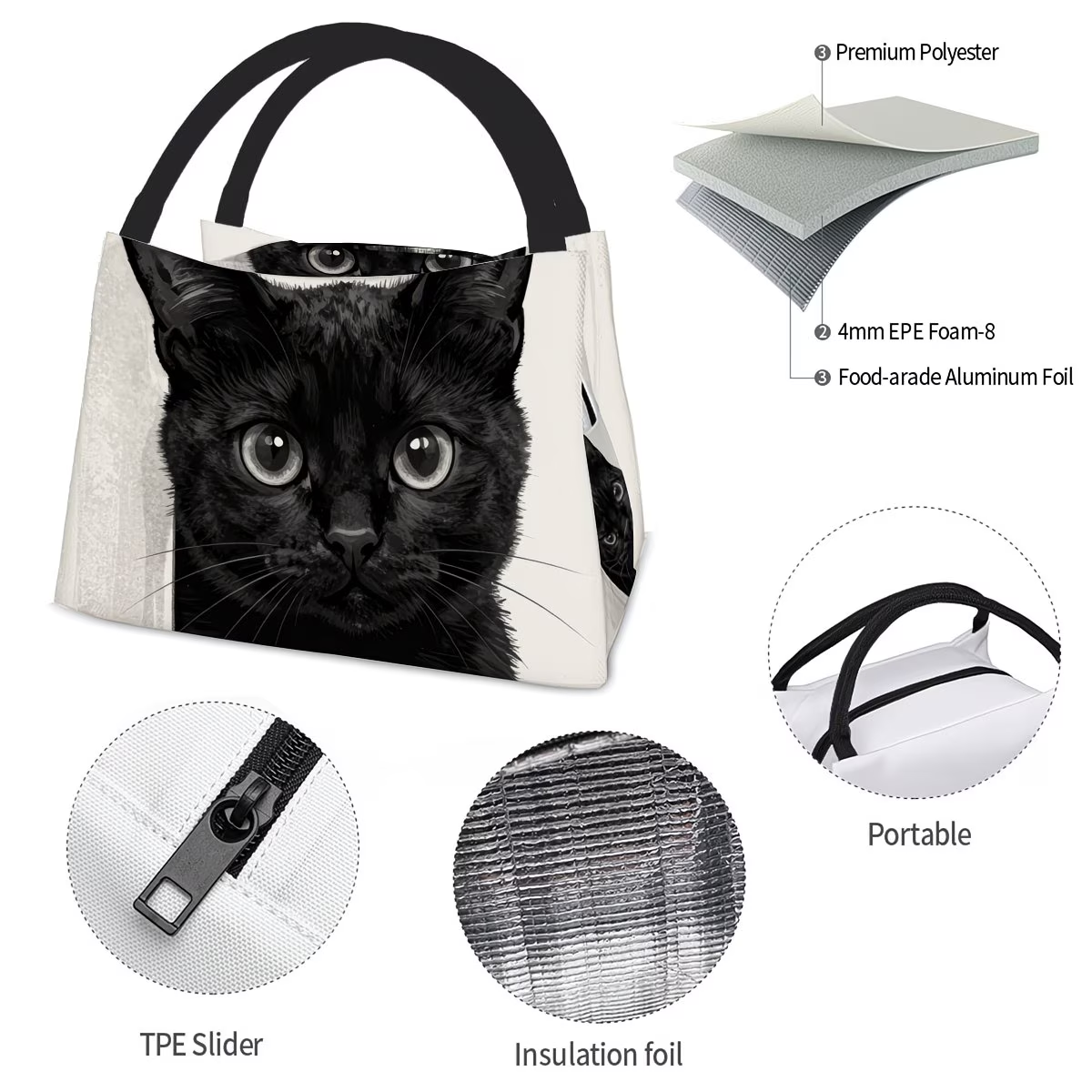Black Cat Pattern Insulated Cooler Bag - Reusable Thermal Lunch Tote 11x6.3x6.7", Polyester, Keeps Food Hot & Cold, Portable for Picnic, Camping, Work & School, Cute Birthday Gift for Cat Lovers, Women & Kids