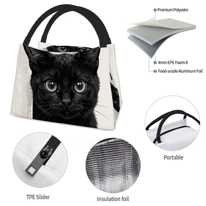 Black Cat Pattern Insulated Cooler Bag - Reusable Thermal Lunch Tote 11x6.3x6.7", Polyester, Keeps Food Hot & Cold, Portable for Picnic, Camping, Work & School, Cute Birthday Gift for Cat Lovers, Women & Kids
