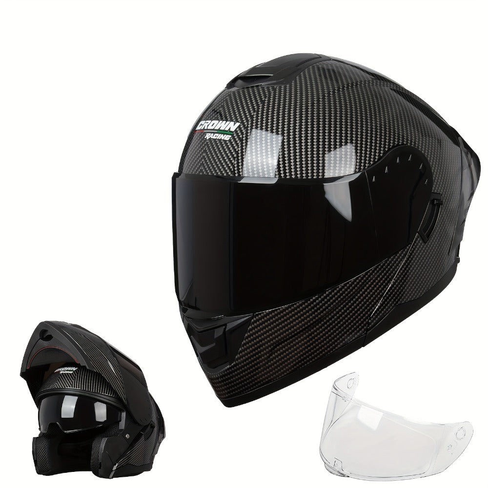 Carbon Fiber Pattern Motorcycle Helmet – Modular Flip-Up Full Face Helmet, Lightweight Motorbike Helmet for Men & Women, Street Riding Safety Helmet M/L/XL