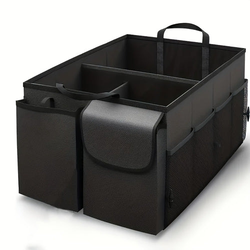 Foldable Car Trunk Organizer with Adjustable Straps – Collapsible Nylon Storage Box for Car Rear Seat & Trunk, Lightweight Car Interior Organizer, Black