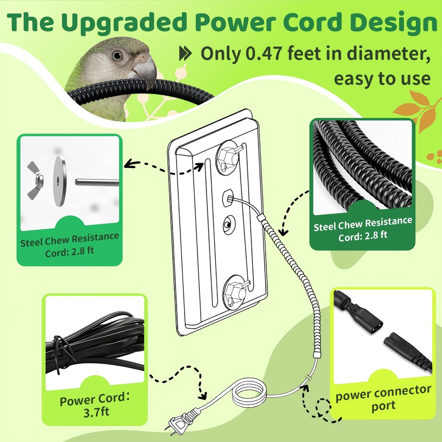 Bird Cage Heater 10W with Rotary Switch & Power LED Indicator – Heating Pad for Parrots, Parakeets, African Grey & Exotic Pet Birds, Anti-Bite Rope, 3.7×5.7 Inches