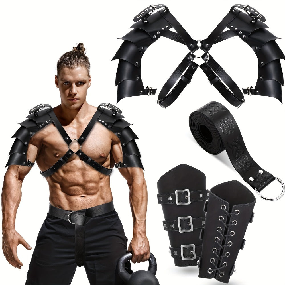Medieval Knight Costume Set 4pcs PU Leather Shoulder Armor Cape Arm Guards & Belt for Men – Viking Warrior LARP Cosplay Halloween Renaissance Faire Prop, Black