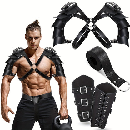 Medieval Knight Costume Set 4pcs PU Leather Shoulder Armor Cape Arm Guards & Belt for Men – Viking Warrior LARP Cosplay Halloween Renaissance Faire Prop, Black