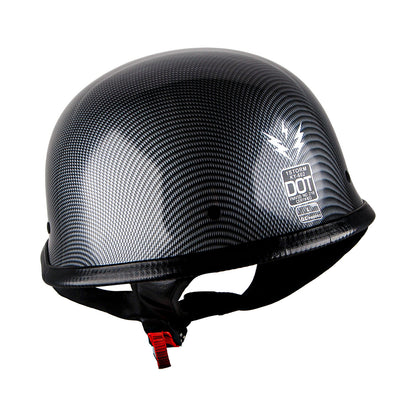 German Style Motorcycle Half Face Helmet – Novelty Skull & Carbon Fiber Design, UV Glossy Finish, Removable Washable Padding, Quick Release Buckle, Adult M/L/XL
