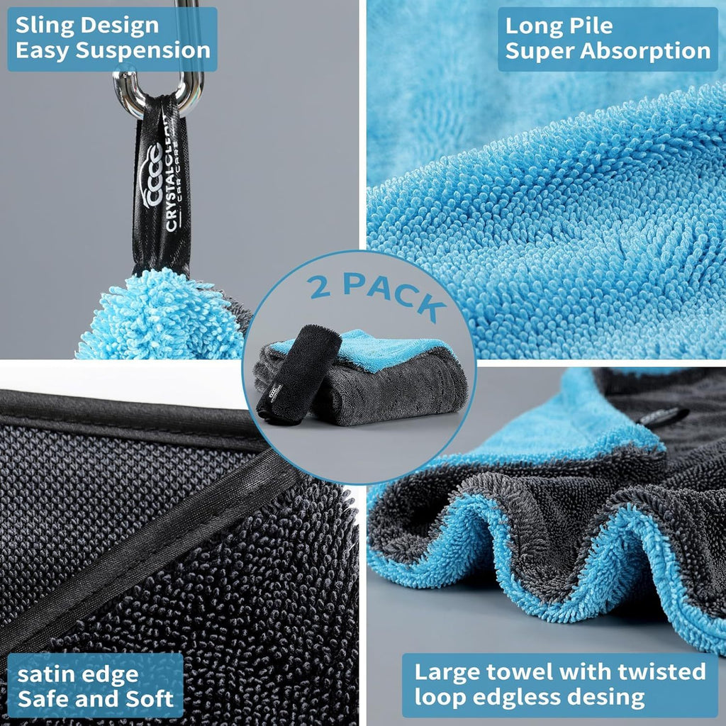 Extra Large Pack of 2 Double Twisted Loop Quick-Drying Towel | 24X36 Inches 1400GSM And 12X12 Inches | High Absorbency | Leaving No Streaks | Designed for Car Detailing