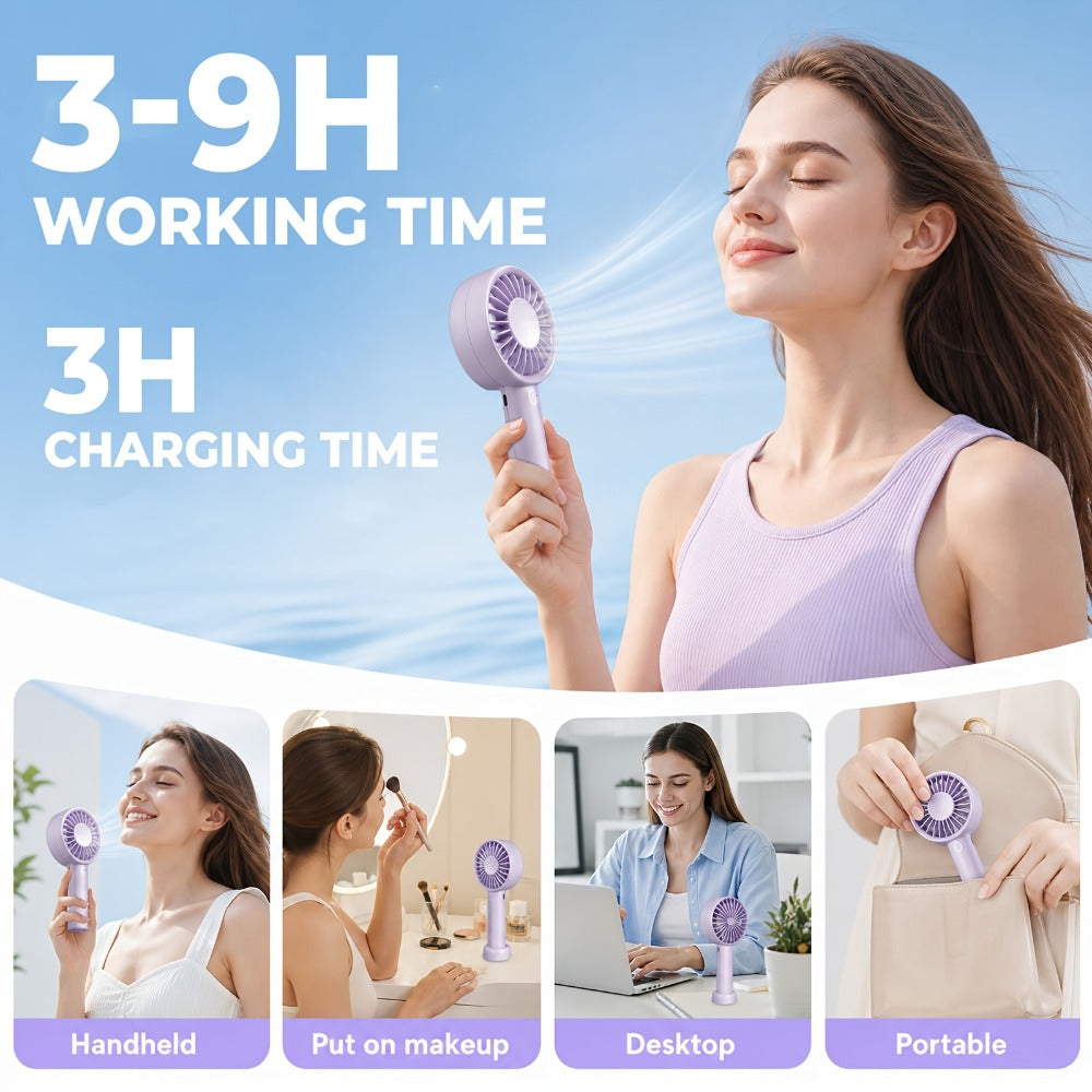 Portable Handheld Fan 16-Hour Battery Life | Air Turbo Tech 3-Speed USB Rechargeable Personal Cooling Fan for Outdoor Activities, Travel & Work – Upgraded Purple, White & Mini Light Blue