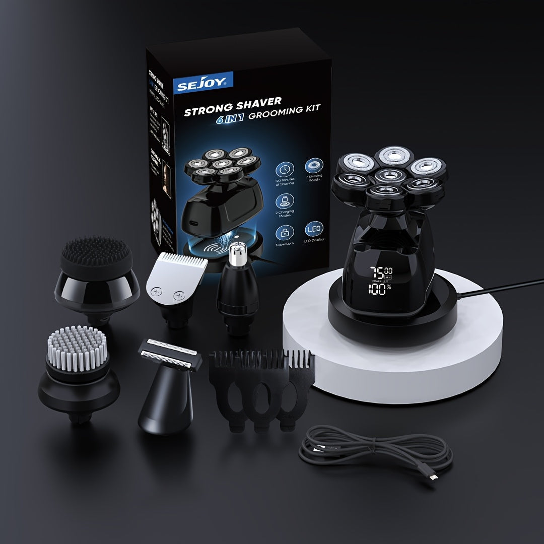 7D Head Shaver Bald Men 5-in-1 Waterproof Wet Dry Electric Razor – Type-C Rechargeable 6500-7500RPM Rotary Grooming Kit with Nose Hair Trimmer for Home & Travel, Perfect Gift for Men