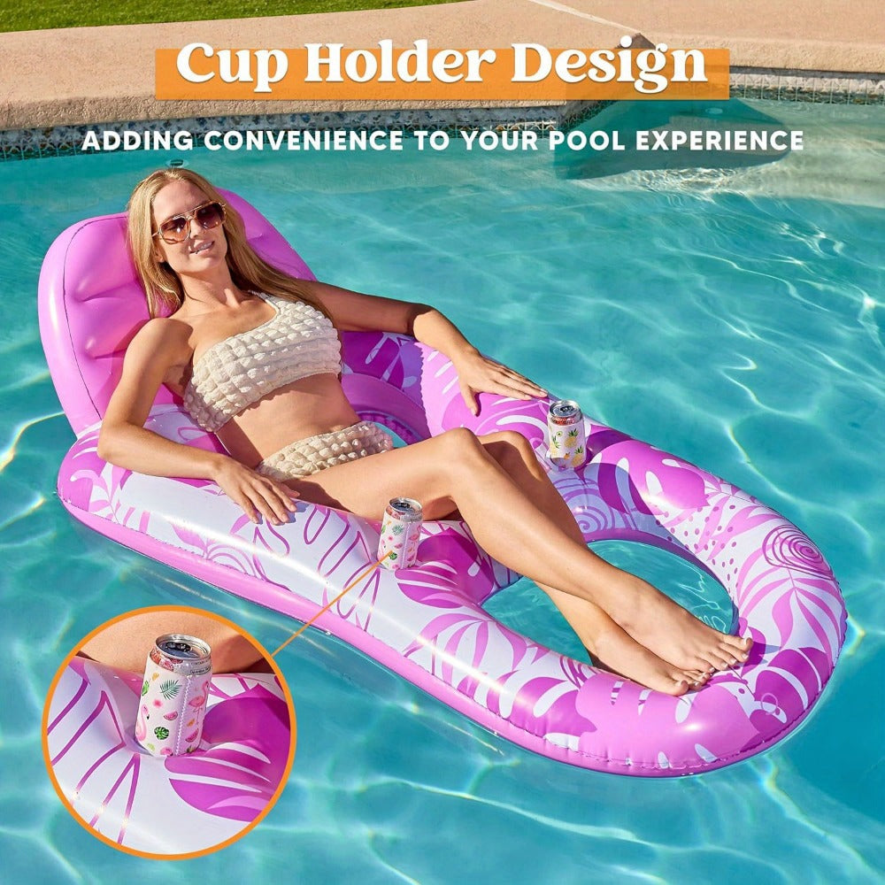 Recliner Pool Float Lounger for Adults – Inflatable Zero-Gravity Floating Chair with Cup Holders, Mesh Seat & Foot Rest, Pink Tropical Leaf Design, Summer Pool Party Water Toy