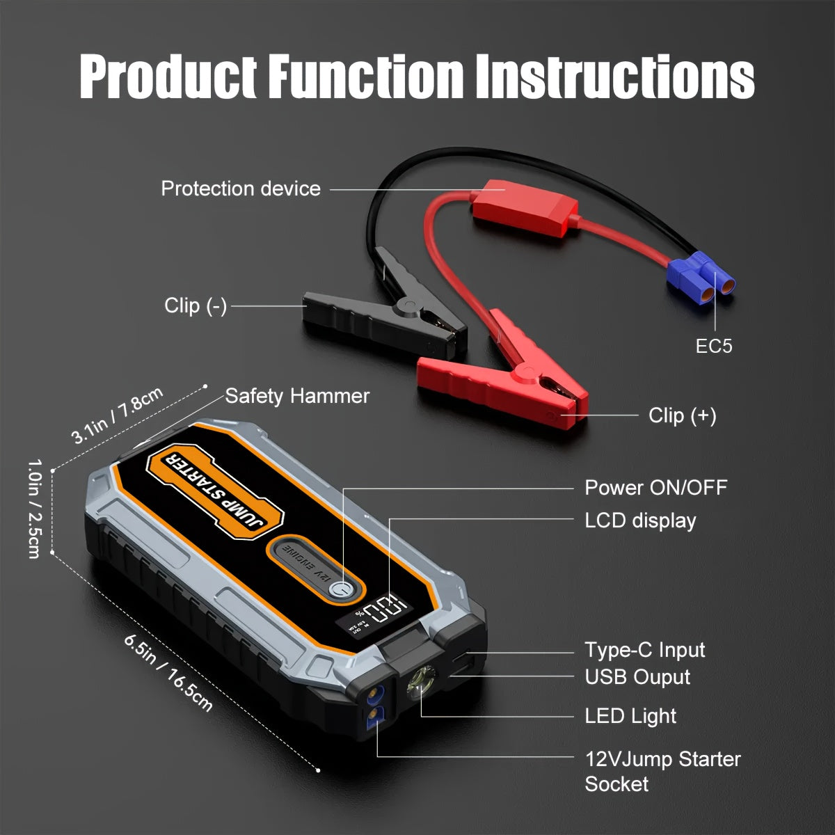 Powerful Car Battery Jump Starter with a Peak of 6500A, Suitable for 2.64gal Gasoline And 2.11gal Diesel Engines, Equipped with Safety Features Such As a Flashlight And Emergency Hammer
