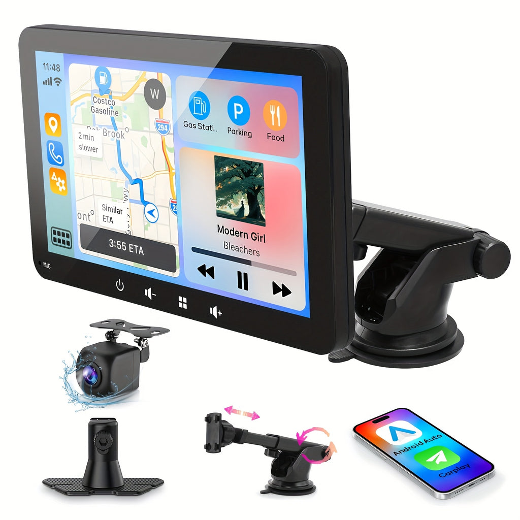 2026 New 7-Inch Wireless Car Display with Touch Buttons Below Features: - Built-In Car Audio System - Ultra-Hd Touchscreen - 1080P Rearview Camera - Dashcam - Wireless Connectivity - GPS Navigation - Supports Carplay, Android Auto