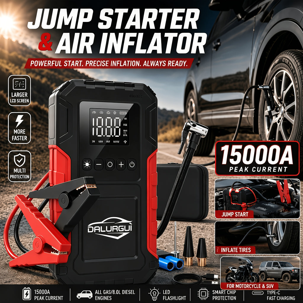 12-In-1 Car Emergency Jump Starter 15000A with Battery Charging System, Optional Air Compressor 150PSI, LED Work Light, USB Type-C Fast Charging And LCD Power Display
