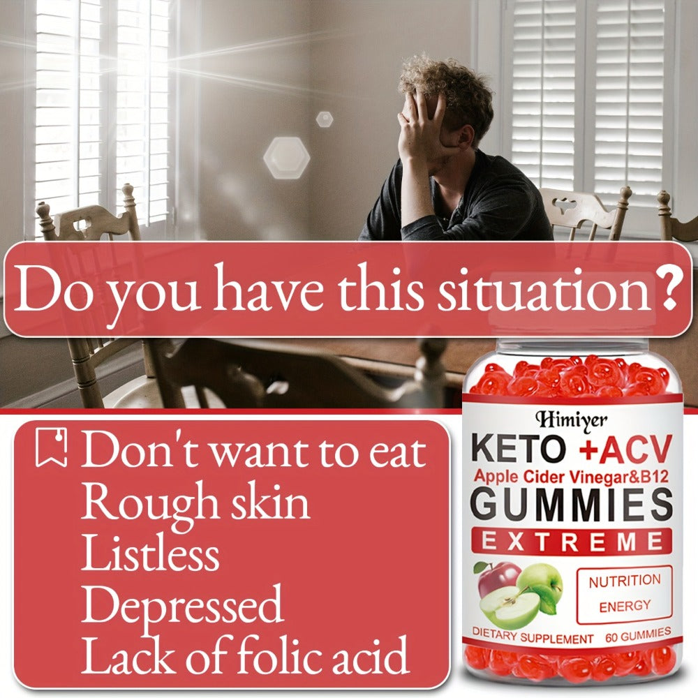 Keto ACV Gummies with Apple Cider Vinegar Vitamin B12 B6 for Women Men – Supports Weight Management Gut Health Glowing Skin Focus Antioxidant Defense Daily Wellness Supplement