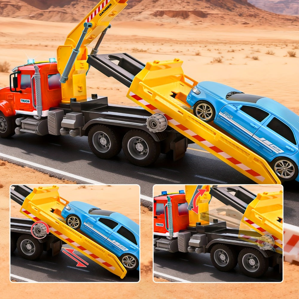 13-Inch Tow Truck Toy with Lights & Sounds – Friction Powered Transport Crane Truck for Boys Ages 3 4 5 6, Movable Arm & Towing Ramp, Birthday Christmas Gift