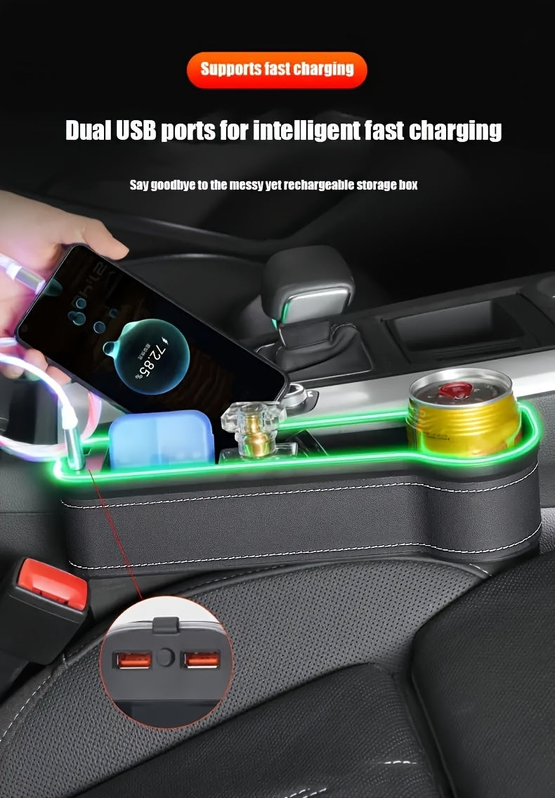 Car Seat Gap Storage Box, Phone Holder Charger, Clutter Organizer, Car Seat Gap Organizer with LED Ambient Lighting, Faux Leather Multi-Function Console Side Bag with Dual USB Charging Ports, for Vehicle Interior Additions