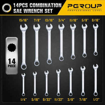 Combo Wrench Set SAE & Metric – CR-V Steel, Mirror Chrome Polished, Open & 12-Point Box Ends, Long & Short Reach, 14pc Metric (6-19mm) / 14pc SAE (1/4"-15/16") / 32pc Full Set